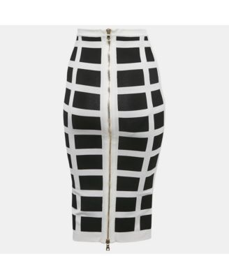Women's White/black Intarsia Knit Zip-Up Pencil Midi Skirt