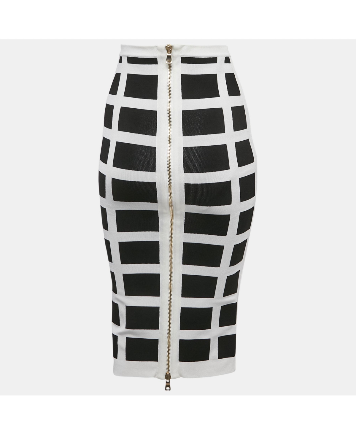 Pre-Owned Balmain Women's White/black Intarsia Knit Zip-Up Pencil Midi Skirt