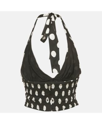 Women's Black Polka Dots Print Silk Halter Neck Top