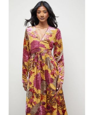 Women's Plunge Neck Waisted Midi Dress