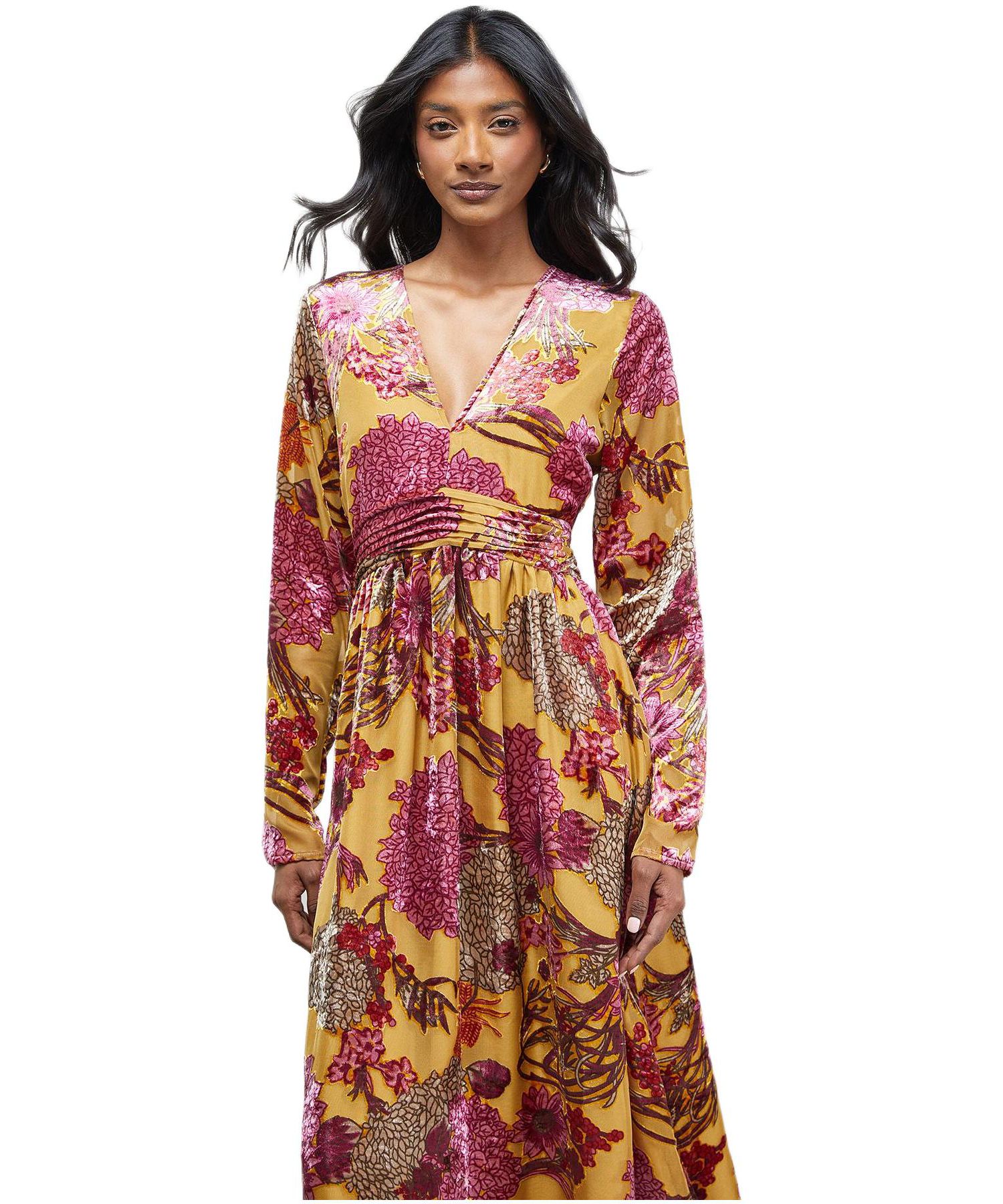 Women's Plunge Neck Waisted Midi Dress