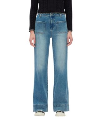 Women's High-Rise Wide-Leg Vintage-Wash Front-Pocket Jeans