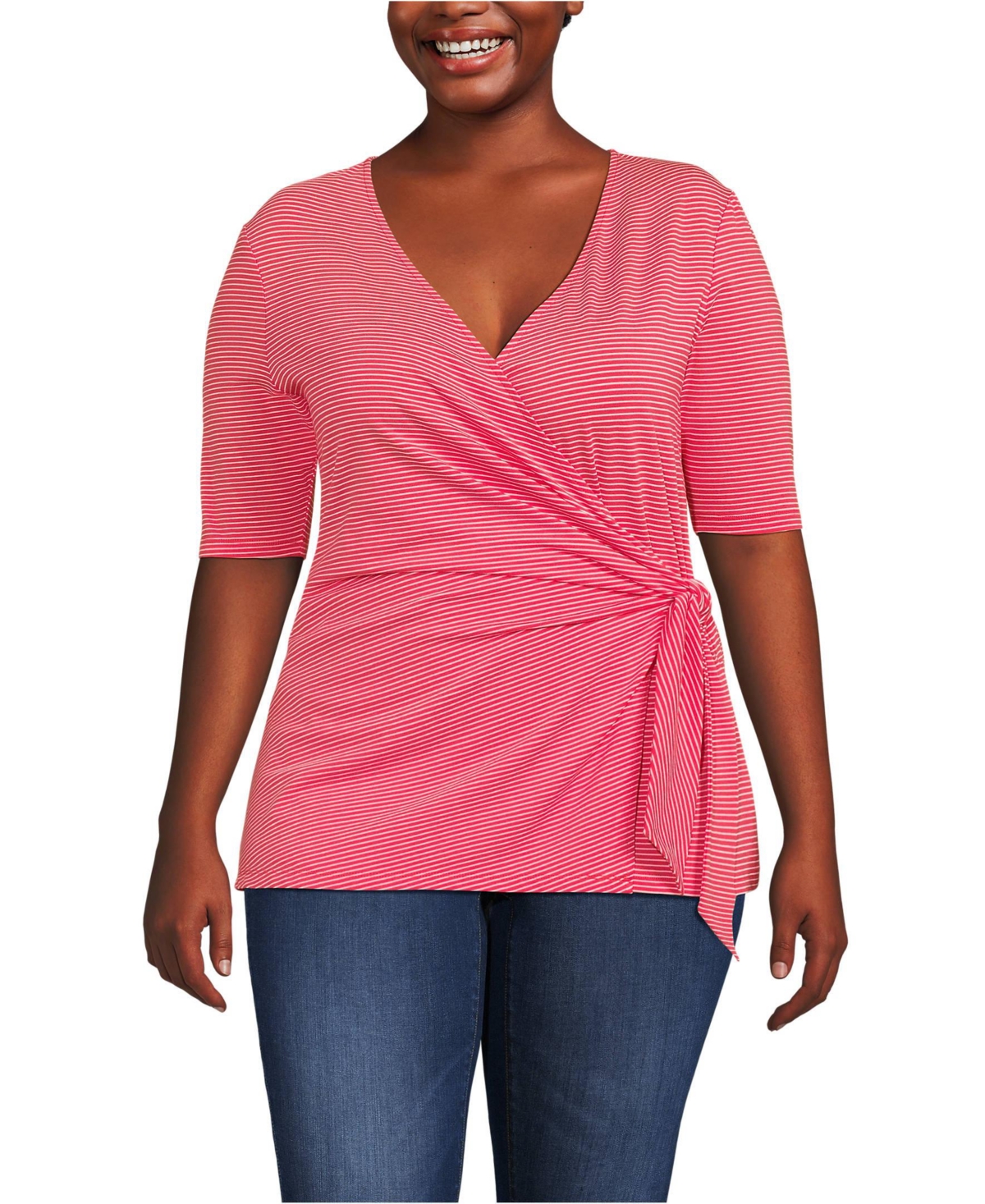 Lands' End Plus Elbow Sleeve Lightweight Jersey Side Tie Blouse