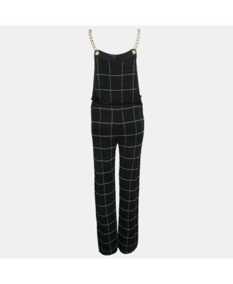 Women's Black Patterned Knit Chain Strap Detail Jumpsuit