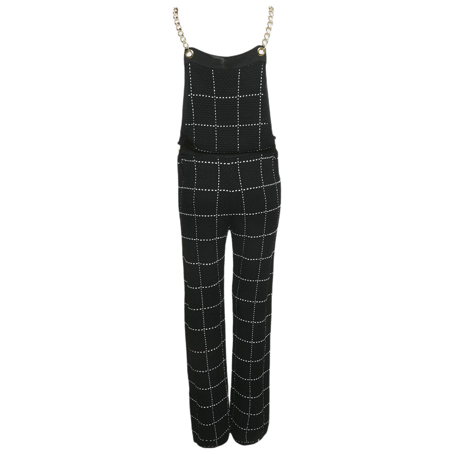 Women's Black Patterned Knit Chain Strap Detail Jumpsuit