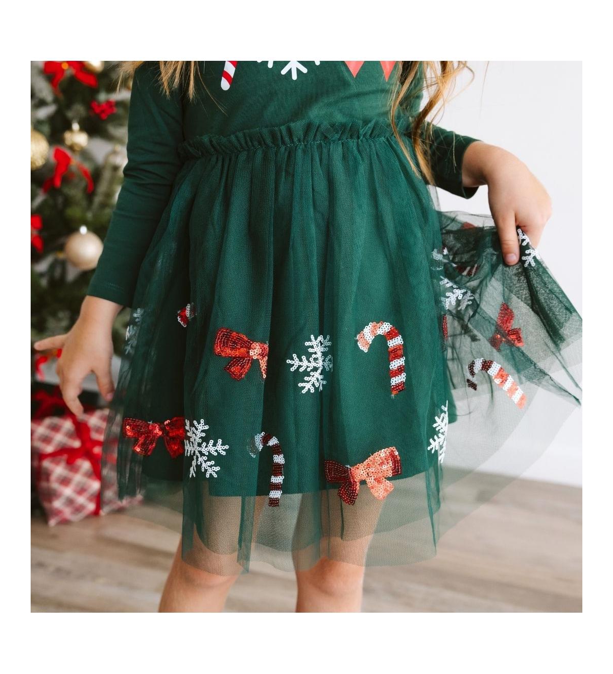 Sweet Wink Toddler Girls Emerald Candy Cane Sequin Christmas Long Sleeve Tutu Dress