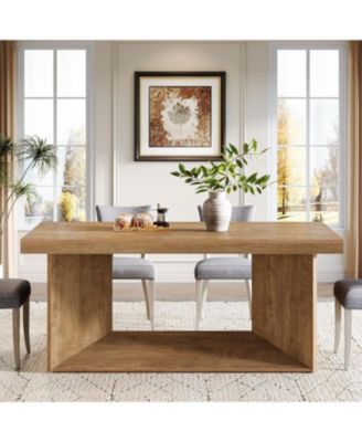 Dining Table for 4-6, Farmhouse Kitchen Table with Heavy Duty Pedestal, Rectangular Wooden Dinner Furniture