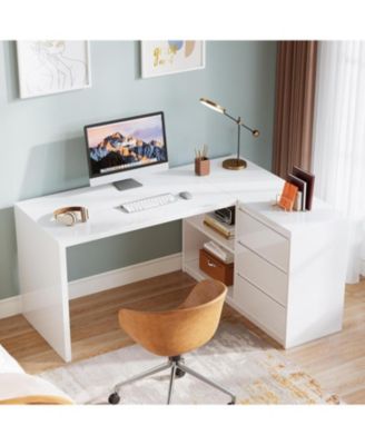 White L-Shaped Computer Desk with 3 Drawers, 55-Inch Modern Gloss Corner Home Office Executive Desk