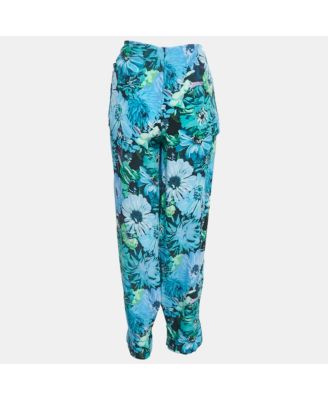 Women's Blue Floral Print Silk Tie-Up Trousers