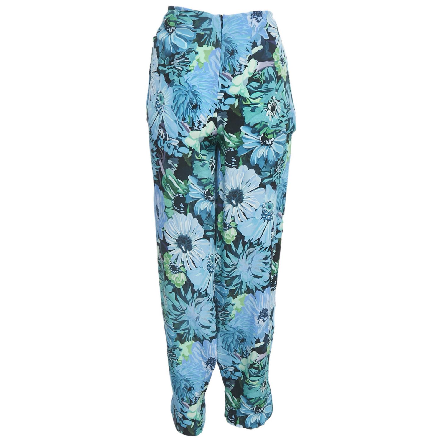Women's Blue Floral Print Silk Tie-Up Trousers