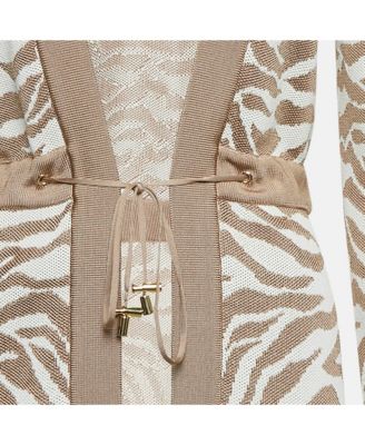 Women's Beige/white Patterned Knit Drawstring Cardigan