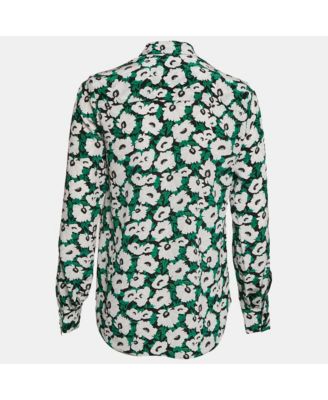 Women's Green Floral Print Silk Long Sleeve Shirt