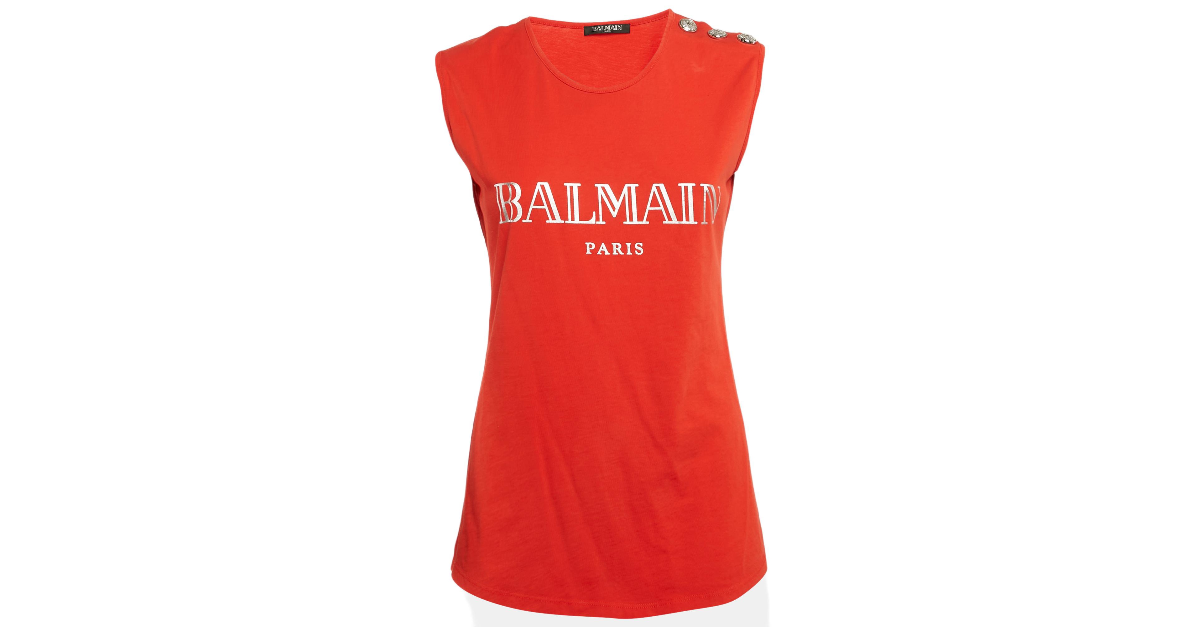 Pre-Owned Balmain Women's Orange Logo Print Jersey Button Detail Sleeveless T-Shirt