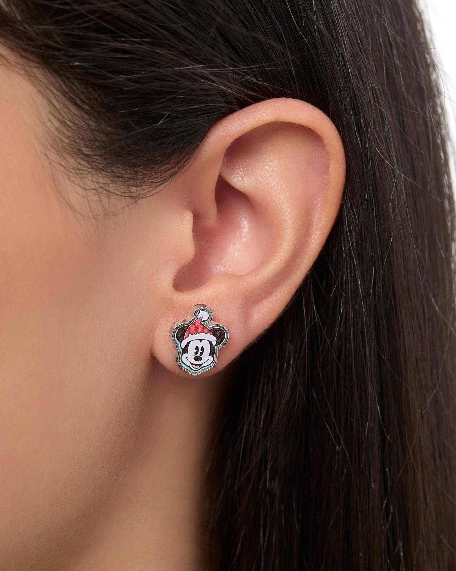 Holiday Stud Earring Set, 3 Pairs - Mickey Santa, Peppermint Ears and Gifts, Silver Tone