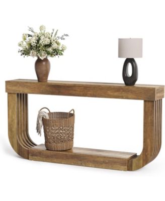 70.9-Inch Extra Long Narrow Console Table, 2-Tier Brown Wooden Sofa Table with U-Shaped Pedestal