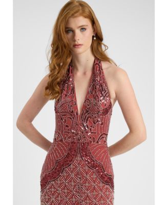 Women's Embellished Sequin Beaded Maxi Dress With Halter Neckline And Deep V-Cut Front