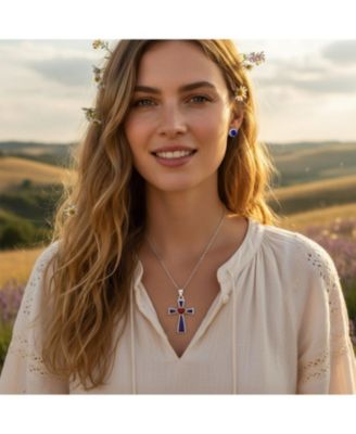 Created Blue Lapis Cross Pendant Necklace and Round Stud Earrings Jewelry Set Sterling Silver