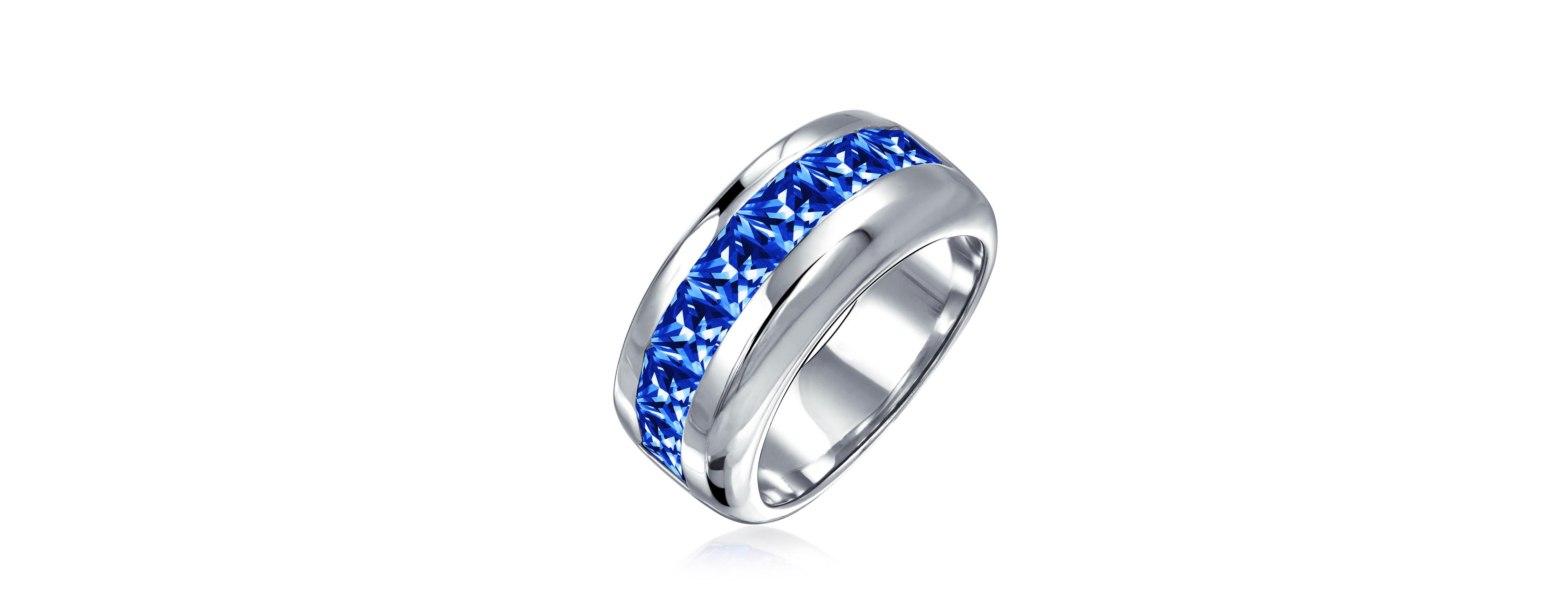 Bling Jewelry Channel Set Sapphire Blue Cz Cubic Zirconia Square Invisible Cut Wedding Band Ring Sterling Silver 9MM
