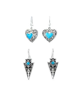 Set of 2 Blue Turquoise Boho Arrowhead and Filigree Heart Dangle Earrings Oxidized Sterling Silver
