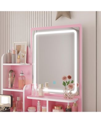 5-Drawer Vanity Set with LED Mirror, Cushioned Stool, and 3-Tier Storage Shelves – Pink MDF Dressing Table