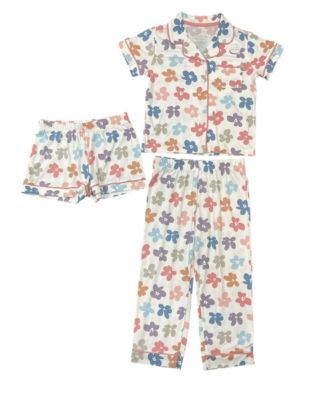 3-Piece Pajama Set with Short Sleeve Notch Collar Top, Elastic Waistband Pants, and Shorts Bonus Scrunchie, Flower Power, 7/8