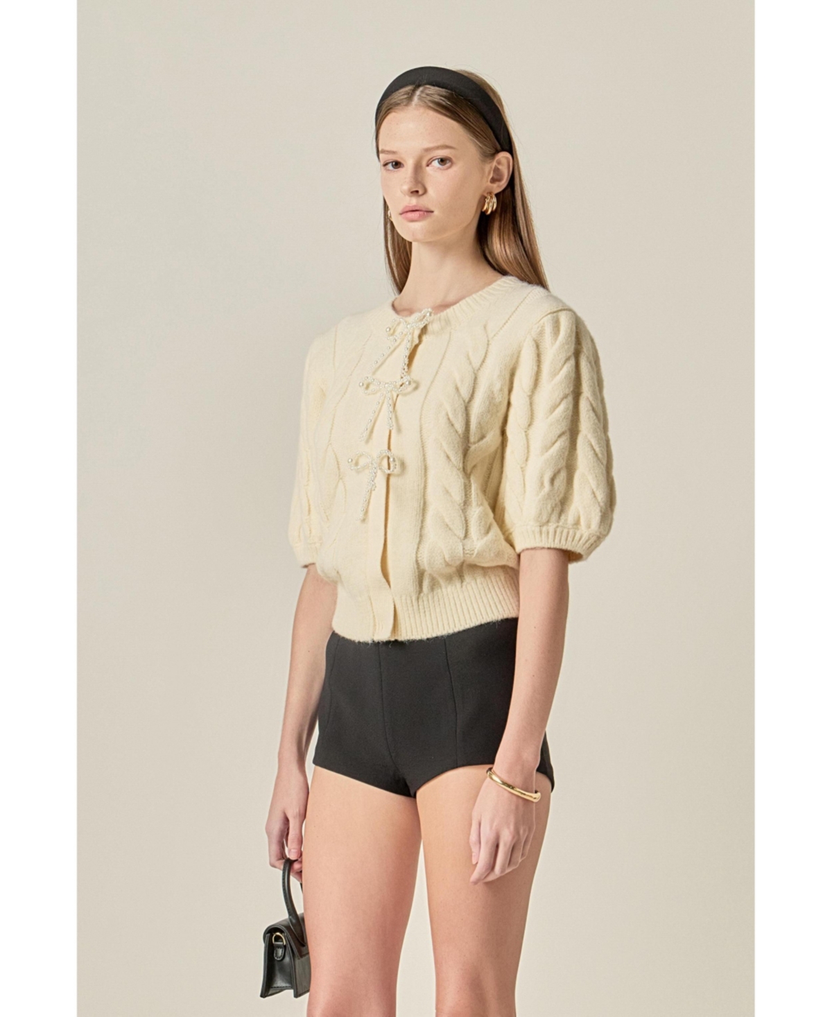 English Factory Women's Cable Puff Sleeve Knit With Pearl Bow