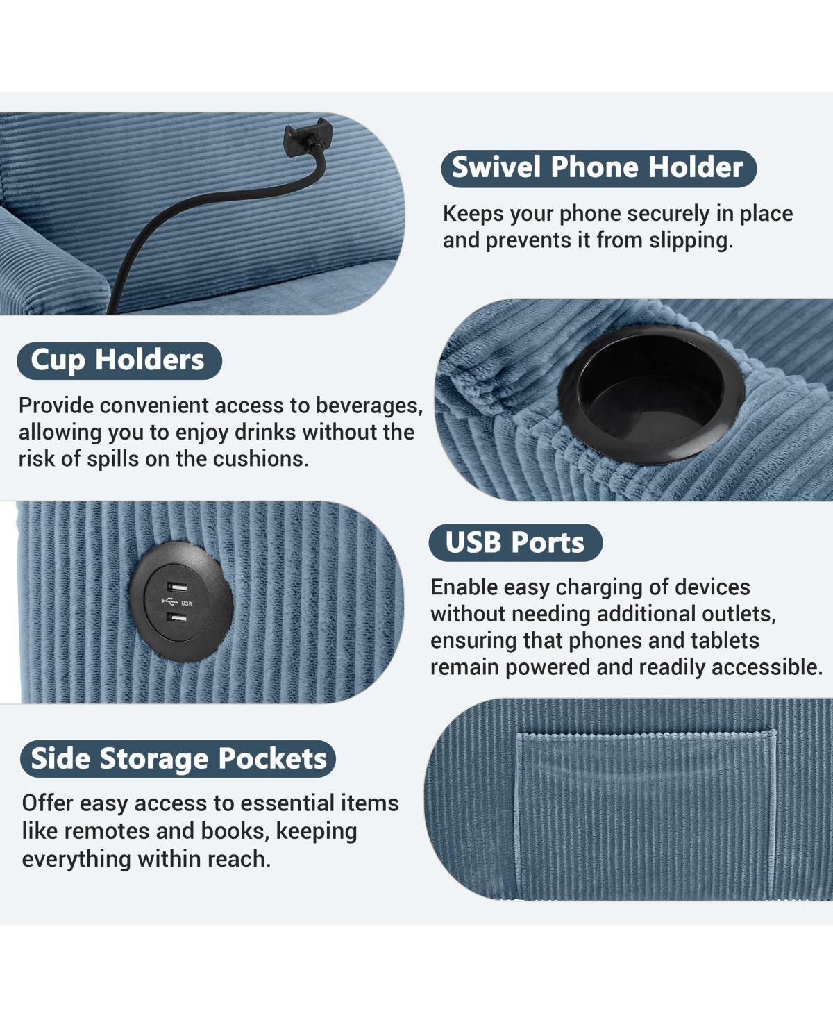 Boyel Living 72.8" Corduroy Sleeper Sofa Loveseat with Full Mattress, Two Usb Ports, Cup Holders, Side Pockets and a Phone Holder