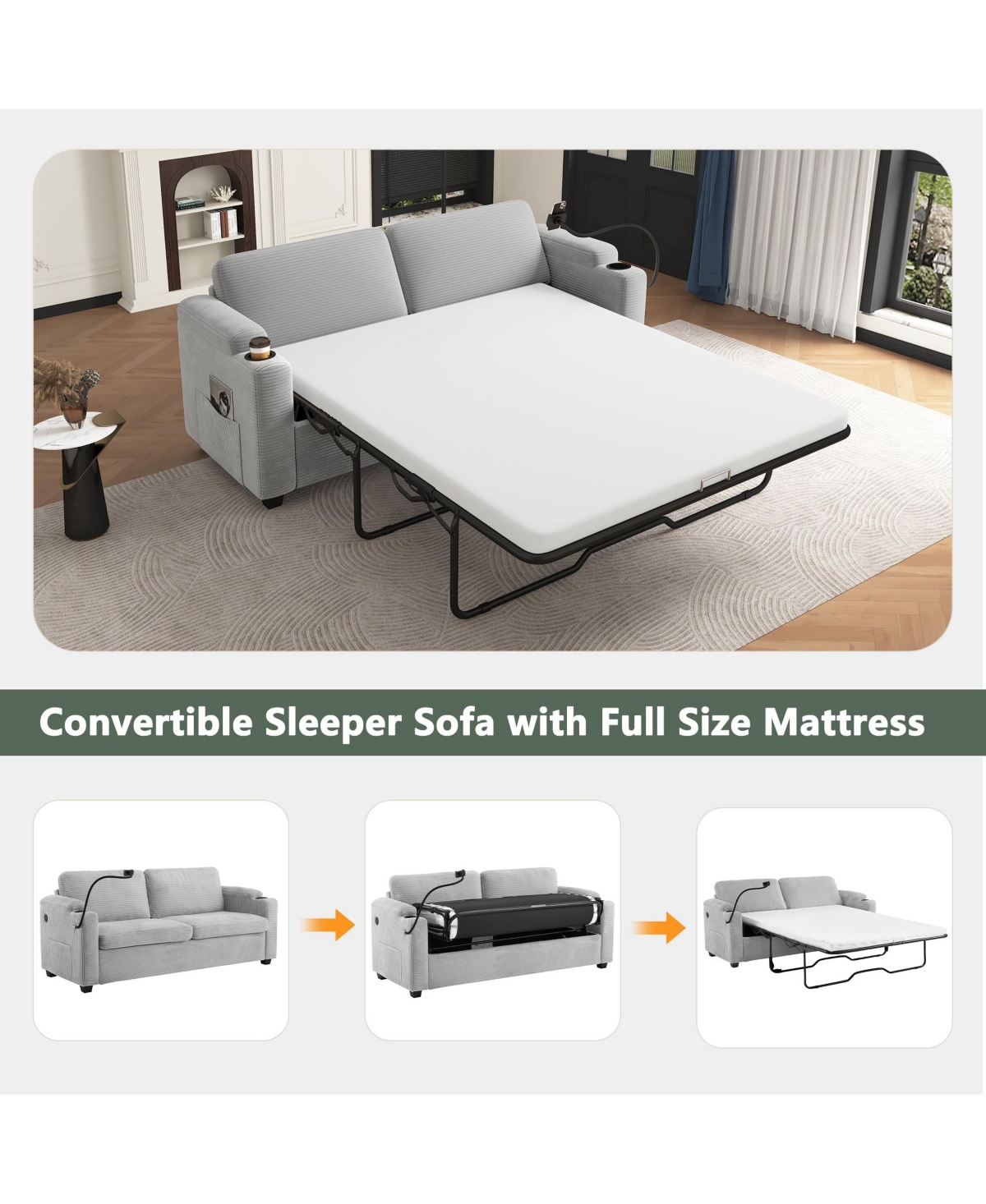 Boyel Living 72.8" Corduroy Sleeper Sofa Loveseat with Full Mattress, Two Usb Ports, Cup Holders, Side Pockets and a Phone Holder