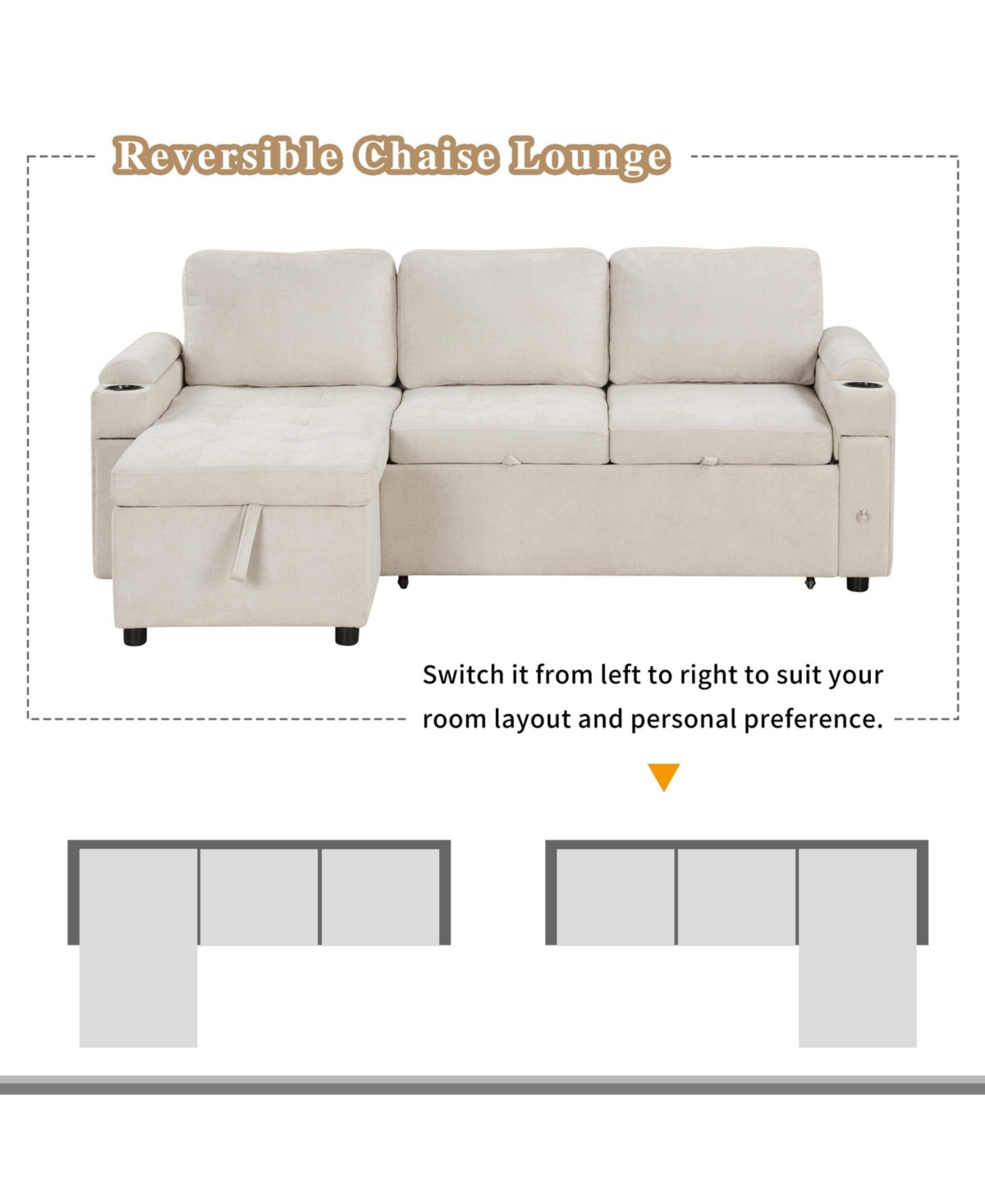 Boyel Living 83.5" L-Shaped Convertible Sofa Couch Bed Sectional with Storage, 2 Cup Holders & Usb Ports for Room