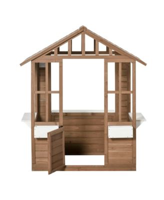 Outsunny wooden playhouse with door & windows, flowerpot holders, 46"x38", outdoor cottage for kids ages 3–8.