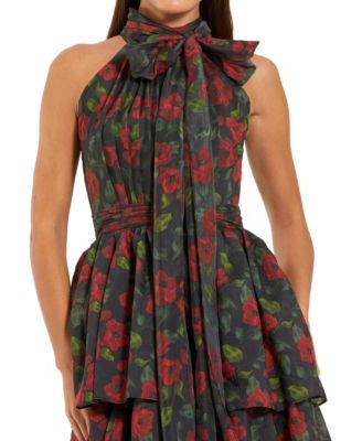 Women's Floral Chiffon Tiered Midi Dress with Neck Bow
