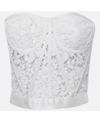 Women's Off-White Lace Strapless Corset Crop Top