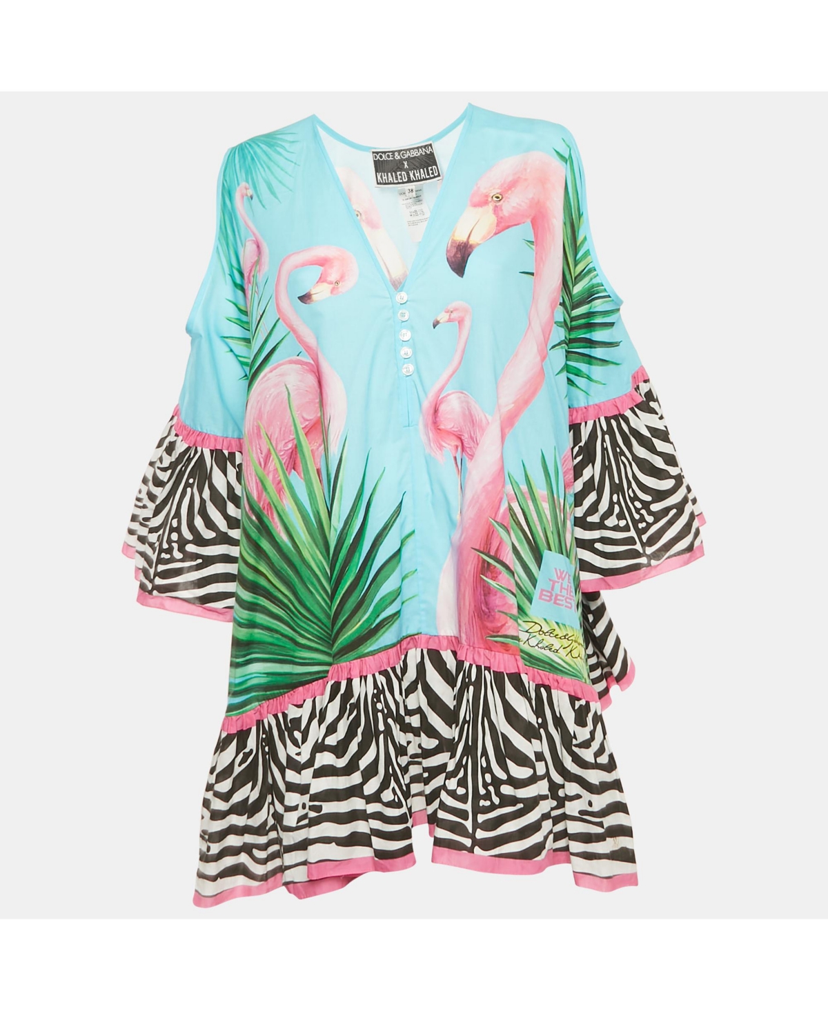 Pre-Owned Dolce & Gabbana Women's Khaled Multicolor Flamingo Print Cotton Kaftan Mini Dress