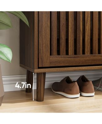 Storage Cabinet Modern Walnut Shoe Cabinet with 2 Flip Drawers and Fence Design
