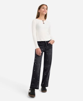 Girls' High-Rise Embellished Wide Leg Jeans