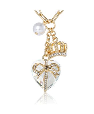 Charm Cluster Necklace, Gold Tone with Heart & Pearl Accents