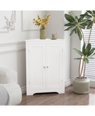 Freestanding Floor Corner Cabinet with 2 Doors and Adjustable Shelves Narrow Corner Storage Organizer for Bathroom
