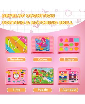 Busy Board 8 in 1 Busy Book Montessori Toys for Toddler Sensory Toys Developing Sensory Board Travel Toys Pink