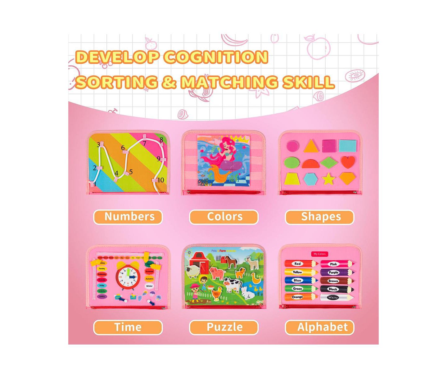 Детская игрушка Cowin Montessori 8-in-1 Travel Busy Board Interactive Book, Ages 1+, цвет: Розовый — фото 2