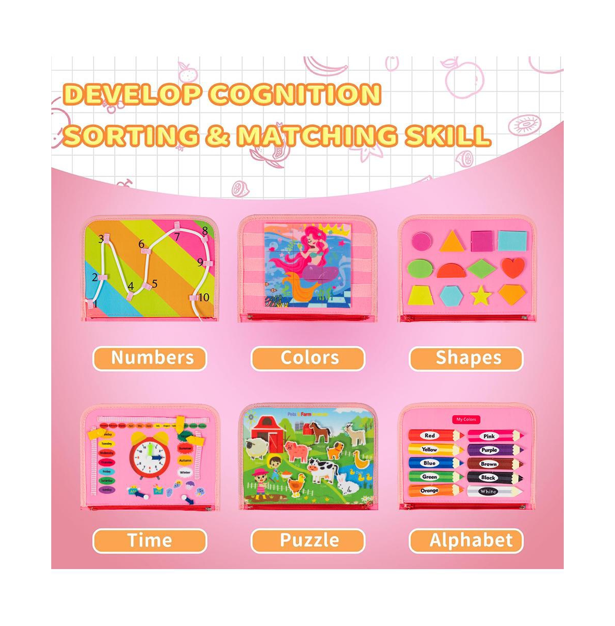 Busy Board 8 in 1 Busy Book Montessori Toys for Toddler Sensory Toys Developing Sensory Board Travel Toys Pink