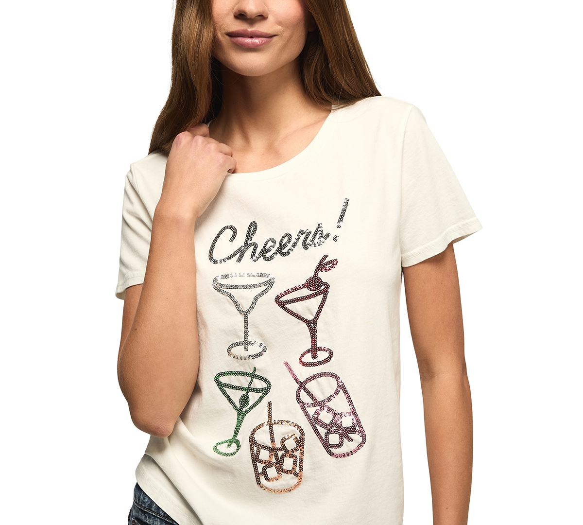 Lucky Brand Sequin Cheers Glasses T-shirt In White