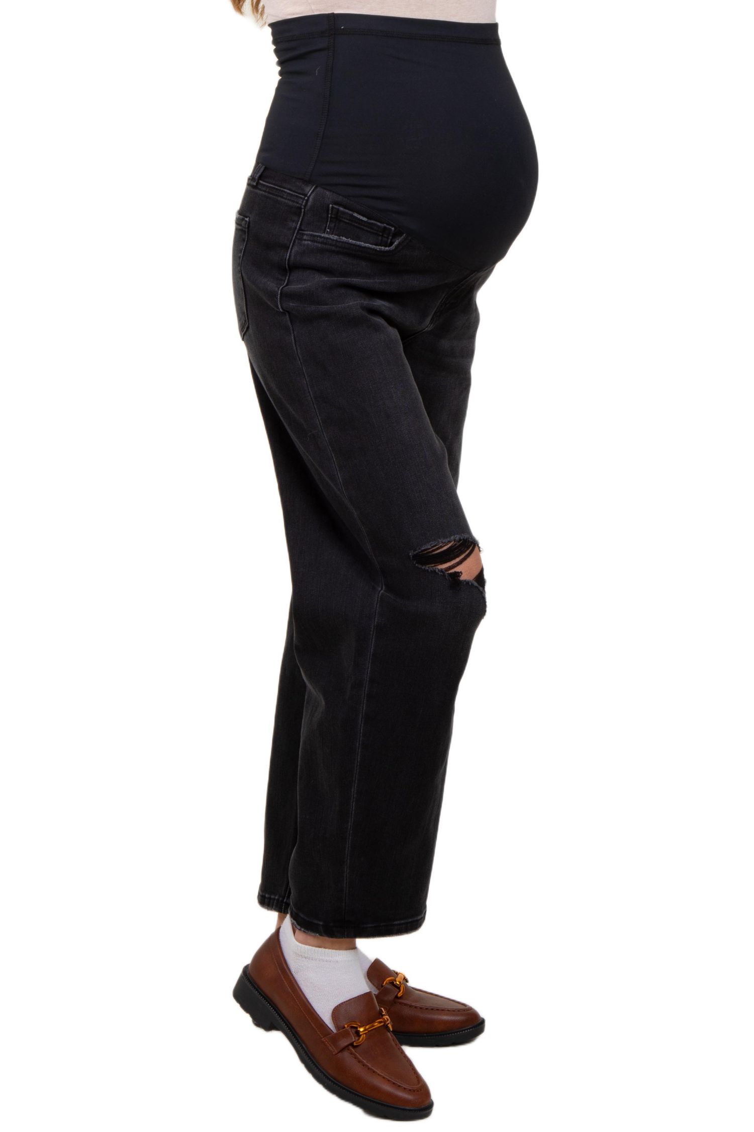 Women's Black Distressed Open Knee Cropped Barrel Jeans