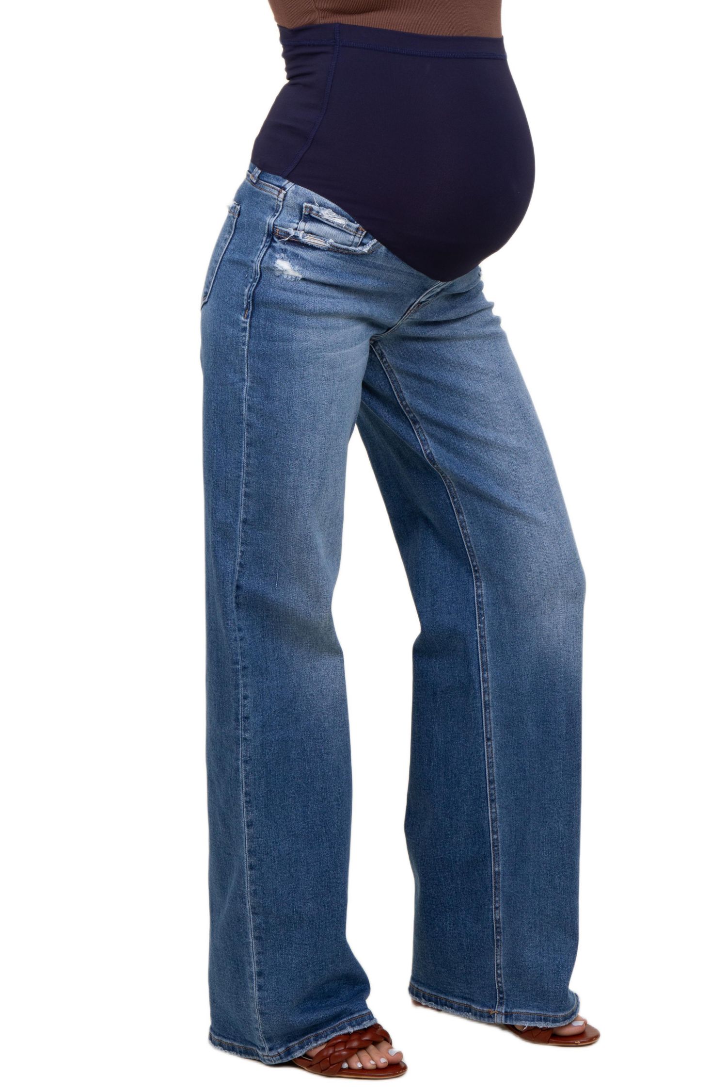 Women's Blue Lightly Distressed Wide Leg Jeans