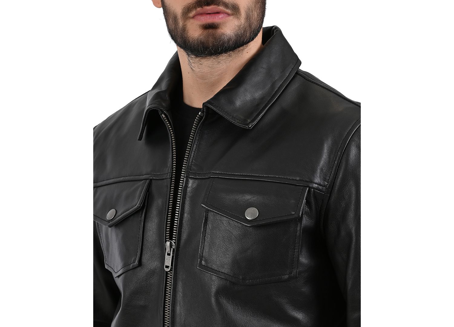 Men's Genuine Leather Regular-Fit Collared Neck Jacket