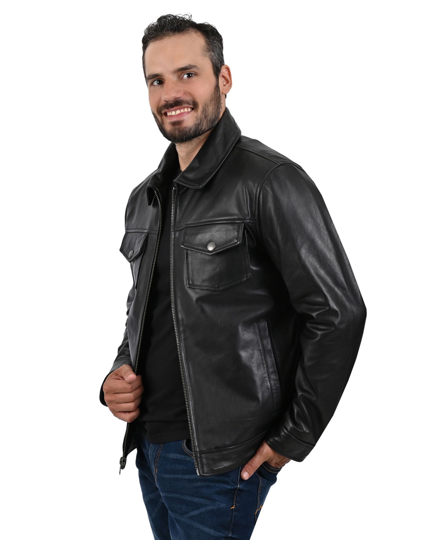 Men's Genuine Leather Regular-Fit Collared Neck Jacket