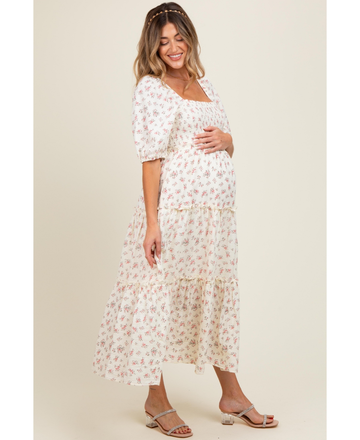 Pinkblush Maternity Pink Floral Smocked Ruffle Tiered Maxi Dress