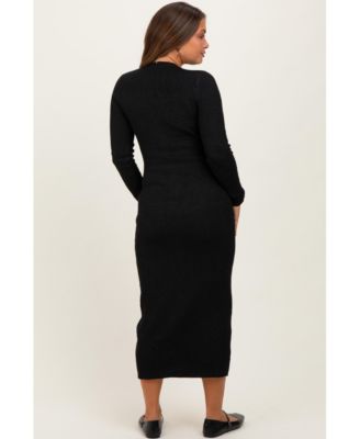 Maternity Black Ribbed Knit Button Down Long Sleeve Midi Dress