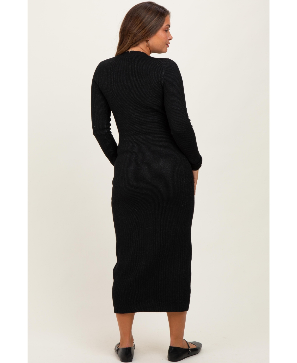 Pinkblush Maternity Black Ribbed Knit Button Down Long Sleeve Midi Dress