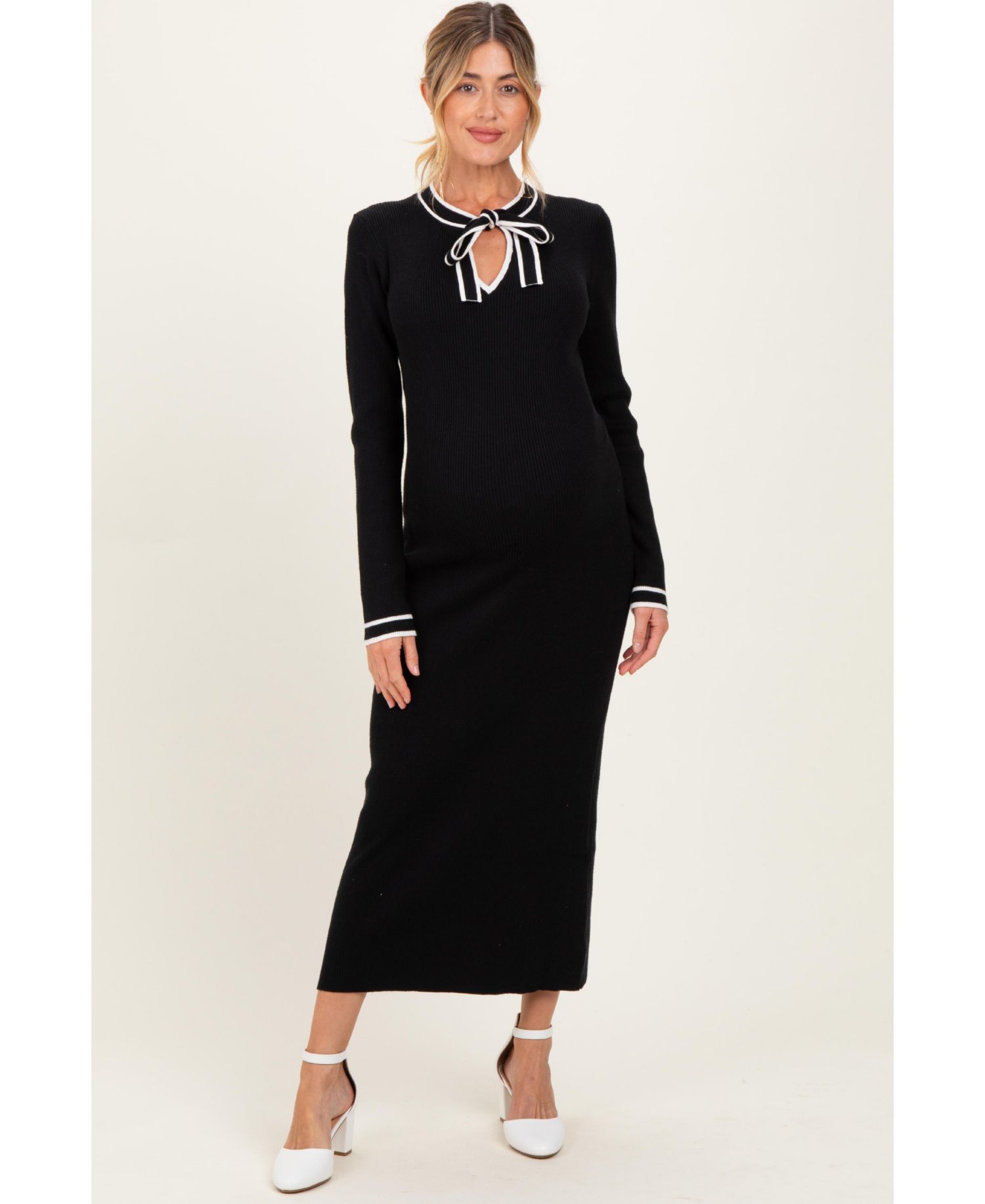 Maternity Black Tie Neck Sweater Midi Dress