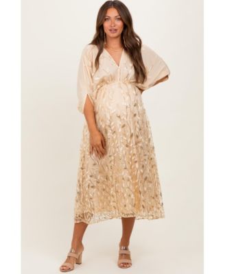 Maternity Dresses Light Gold Embroidered Tulle Dolman V-Neck Midi Dress